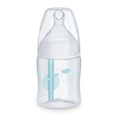Nuk Smooth Flow Pro Anti-Colic Baby Bottle, 5oz, featuring a clear design with a blue straw and cloud graphics.