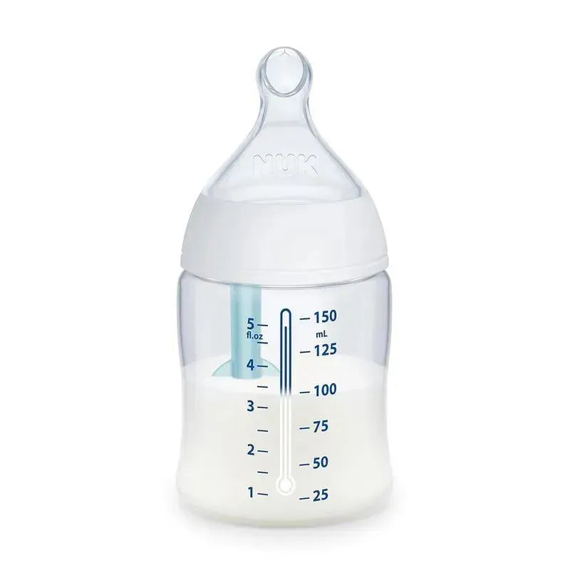 Nuk Smooth Flow Pro Anti-Colic Baby Bottle, 5oz, featuring a clear container with measurement markings and a white cap.