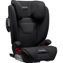 Nuna AACE Booster Seat in black, featuring padded sides, adjustable headrest, and red safety buckle.