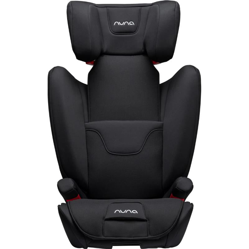 Nuna AACE Booster Seat in Caviar color, featuring a sleek design with adjustable headrest and armrests.