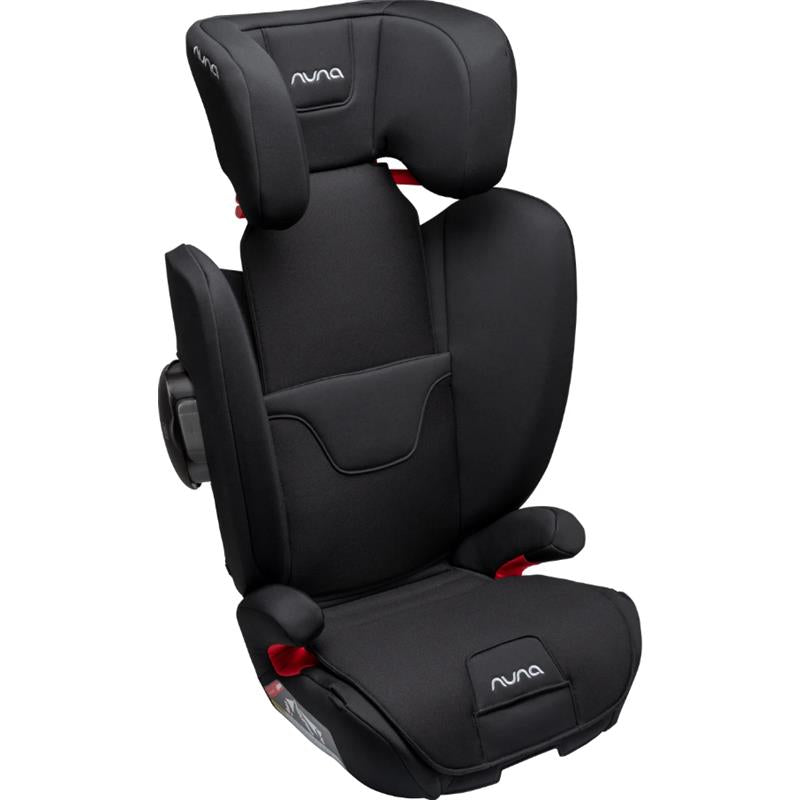 Nuna AACE Booster Seat in Caviar color, featuring high back support, padded sides, and adjustable headrest.