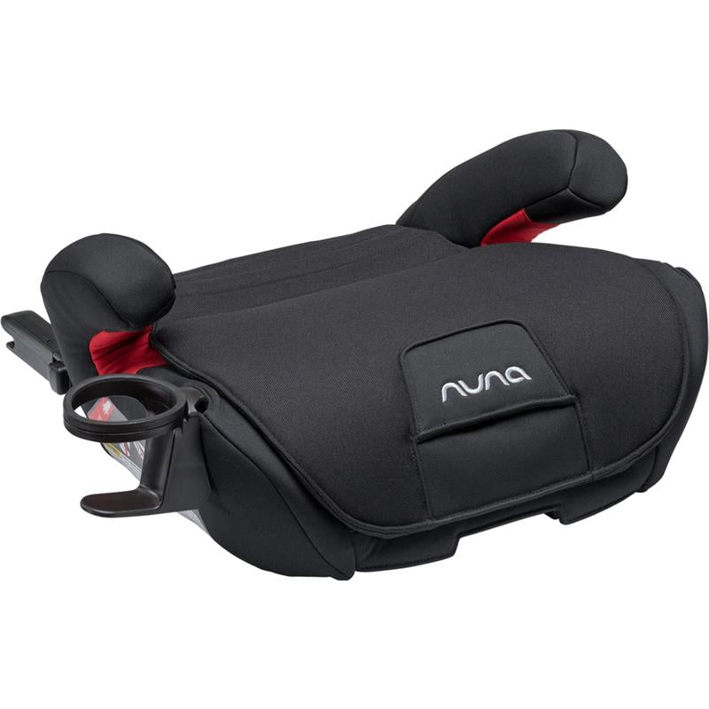 Nuna AACE Booster Seat in Caviar color, featuring a cushioned seat, side bolsters, and a cup holder.
