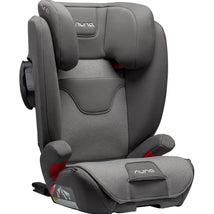 Nuna AACE Booster Seat in Granite color, featuring padded sides, a comfortable seat, and adjustable headrest.