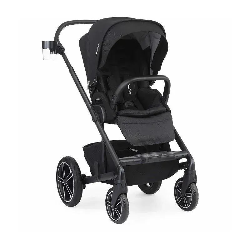Nuna MIXX™ stroller in black with a cup holder attached, featuring a padded seat and spacious basket.