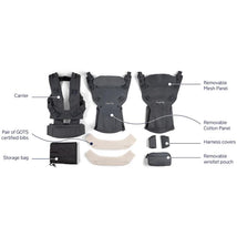 Nuna CUDL™ deux Baby Carrier in Thunder color, displayed with removable panels, certified bibs, and storage accessories.