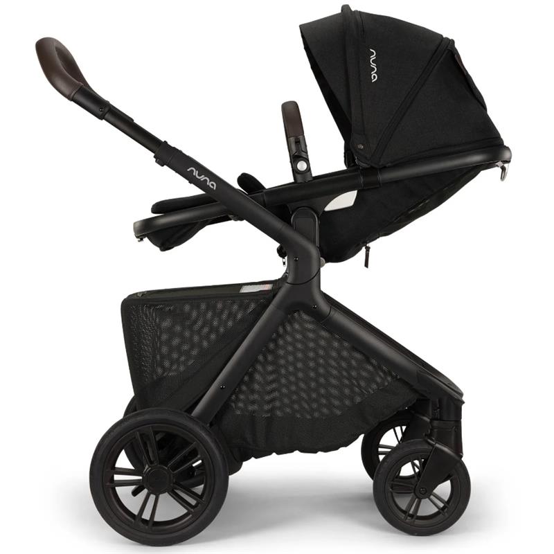 Nuna DEMI™ icon stroller in Caviar color features a sleek black design with a large canopy and spacious undercarriage.