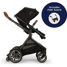 Nuna DEMI Next Stroller in Caviar with a rider board included; features a sleek black design and spacious storage.