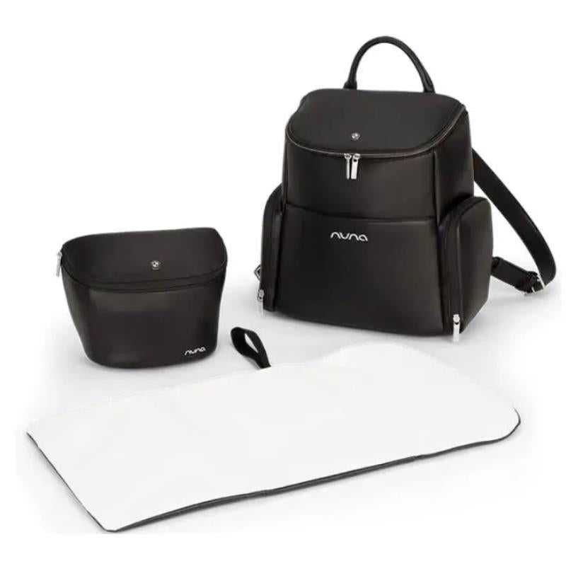 Nuna x BMW Essential Bag - Element, a black backpack with a smaller pouch and white changing mat.