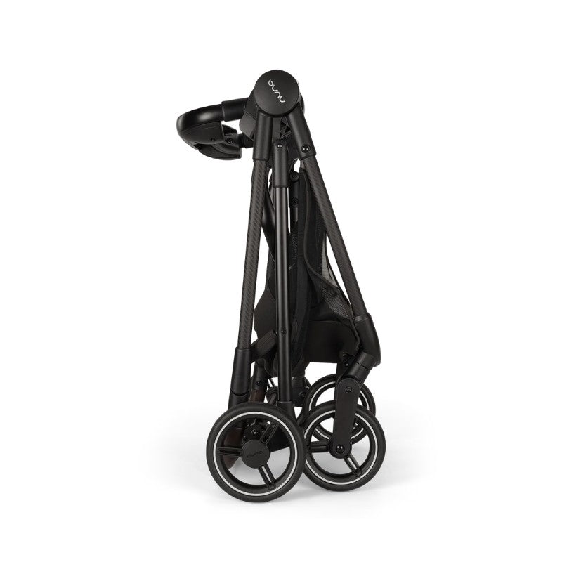 Nuna Flex System Frame in folded position with black wheels and frame, designed for the Pipa Rx Travel System.
