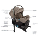 Nuna Pipa Rx infant car seat in Cedar color, featuring a UPF 50+ canopy, 5-second installation, and steel stability leg.