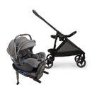 Nuna Flex System Frame and Pipa Rx Travel System in Granite color, featuring a car seat and stroller.