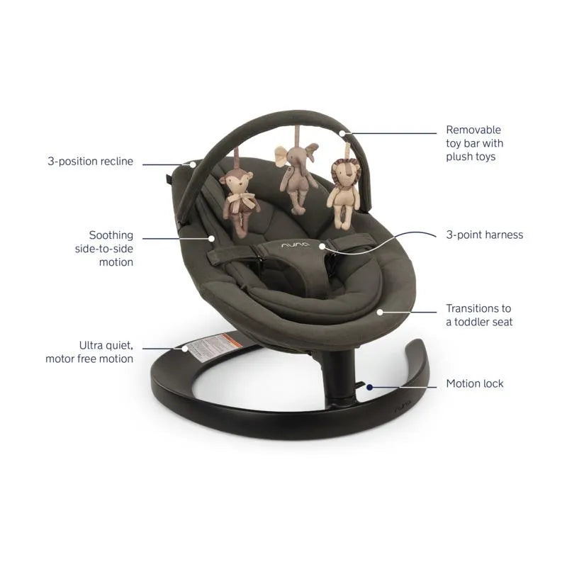 Nuna LEAF grow baby seat in forest color features a 3-position recline, removable toy bar, and transitions to a toddler seat.