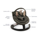 Nuna LEAF grow baby seat in forest color features a 3-position recline, removable toy bar, and transitions to a toddler seat.
