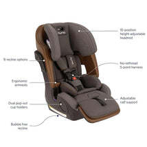 Nuna LUMN Combination Car Seat in Granite color, featuring a 10-position headrest, adjustable calf support, and dual cup holders.