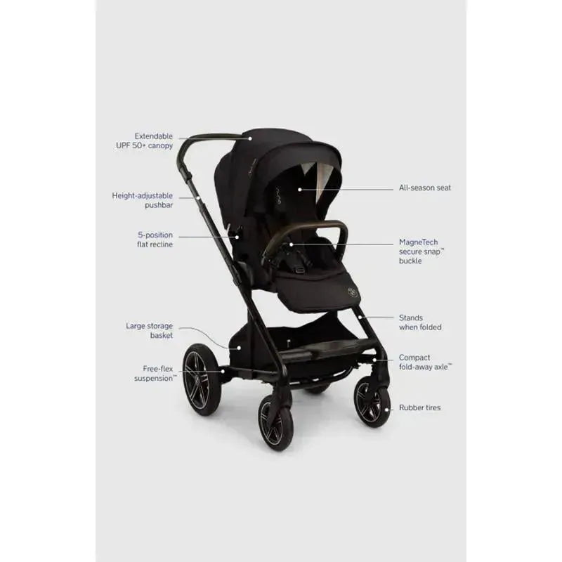 Nuna MIXX™ next stroller in Element color features a height-adjustable pushbar, extendable canopy, and large storage basket.
