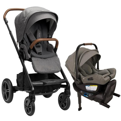 Nuna Mixx Next stroller in granite with a Pipa Aire Rx car seat, featuring a sleek design and dark gray fabric.