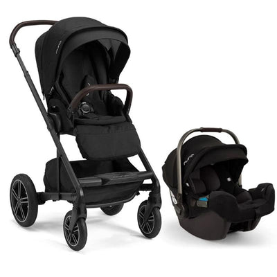 Nuna Mixx Next stroller in caviar with chocolate accents and Pipa Rx infant car seat, showcasing a sleek design and magnetic buckle.