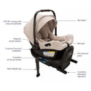 Nuna MIXX™ next + PIPA™ aire rx Travel System in Biscotti, featuring a cream infant car seat with essential safety labels and adjustable components.