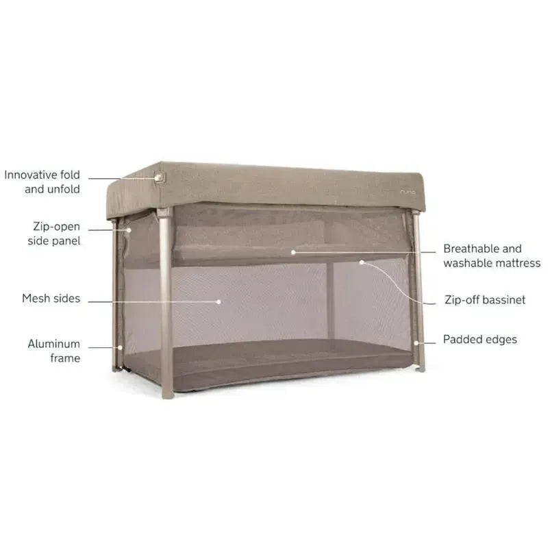 Nuna Paal Playard in Cedar with mesh sides, aluminum frame, and features like zip-open panel and washable mattress.