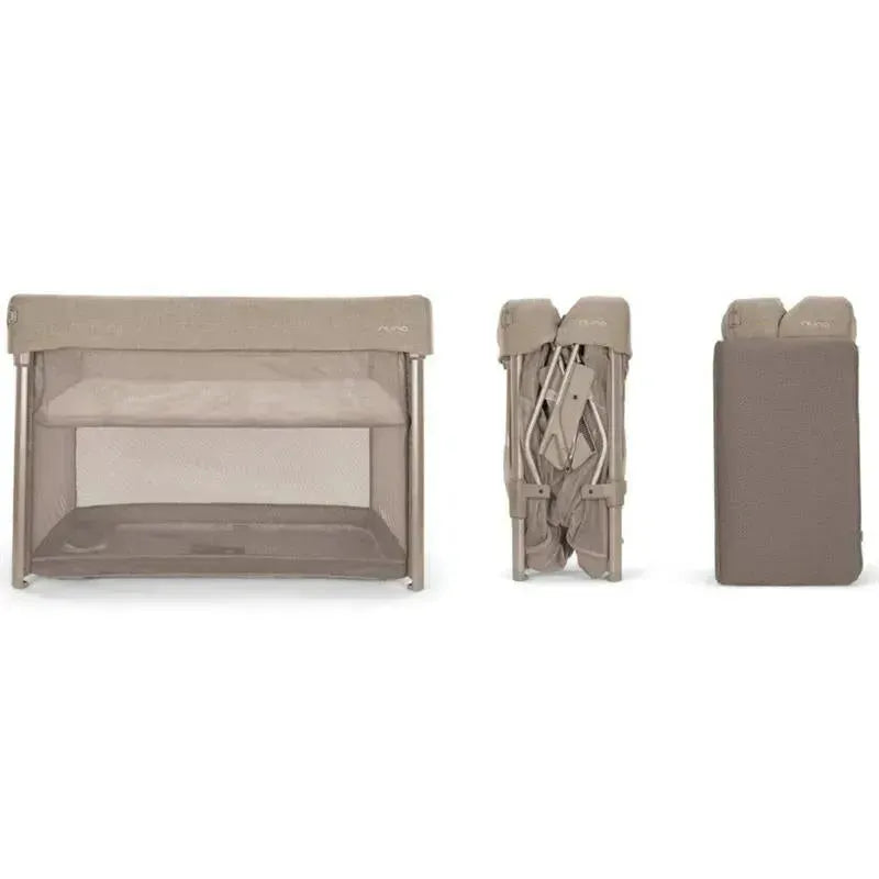 Nuna Paal Playard in Cedar color, featuring folded and unfolded views, mesh sides, and a soft mattress.