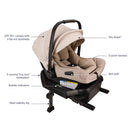 Nuna PIPA™ aire Infant Car Seat in Biscotti with UPF 50+ canopy, 5-point harness, and True lock™ installation feature.