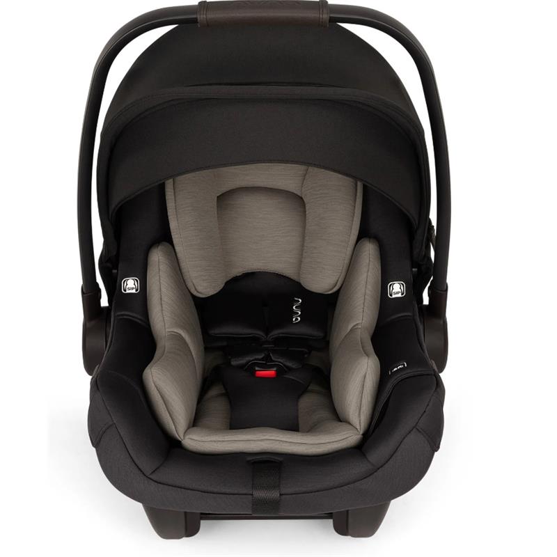 Nuna PIPA™ aire Infant Car Seat in Caviar with a soft gray cushioned interior and secure harness system.
