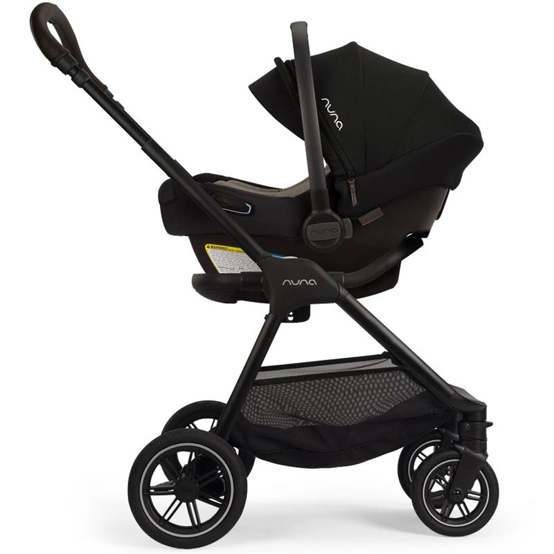 Nuna PIPA™ aire Infant Car Seat attached to a PIPA™ Series Base in caviar color, featuring a sleek design and sunshade.