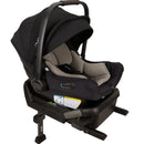 Nuna PIPA™ aire Infant Car Seat in Caviar color with a gray seat insert, attached to PIPA™ Series Base, safety labels visible.