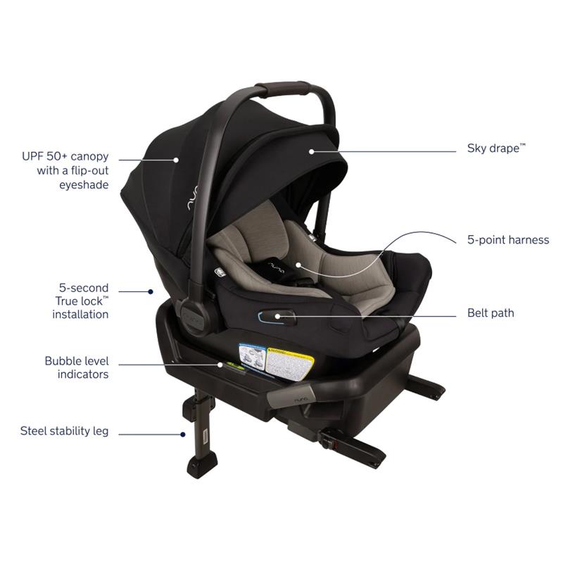 Nuna PIPA aire infant car seat in Caviar color with a UPF 50+ canopy, 5-point harness, and True lock installation features.