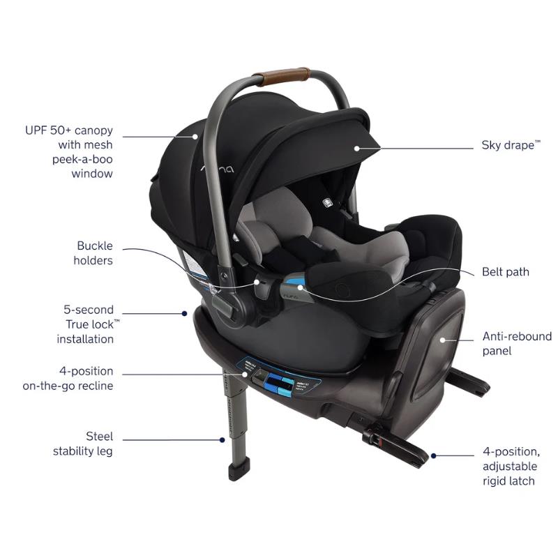 Nuna PIPA™ rx infant car seat with a RELX base in Caviar/Cognac, featuring a UPF 50+ canopy, buckle holders, and safety features.