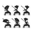 Nuna PIPA™ urbn Flex System™ stroller in Caviar, showcased from various angles with a sleek black design and adjustable canopy.