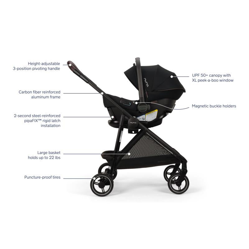 Nuna PIPA™ urbn Flex System™ in Caviar with key features labeled, including adjustable handle, UPF 50+ canopy, and puncture-proof tires.