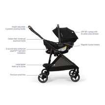 Nuna PIPA™ urbn Flex System™ in Caviar with key features labeled, including adjustable handle, UPF 50+ canopy, and puncture-proof tires.