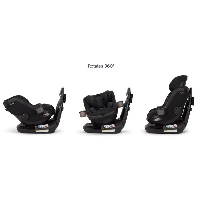 Nuna REVV™ maxx convertible car seat in caviar color, shown from three angles, highlighting its 360° rotation feature.