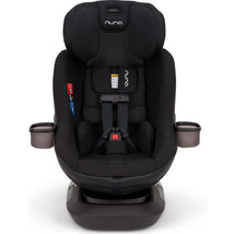 Nuna Revv Maxx Rotating Convertible Car Seat in Midnight, featuring a sturdy design, safety harness, and side cup holders.