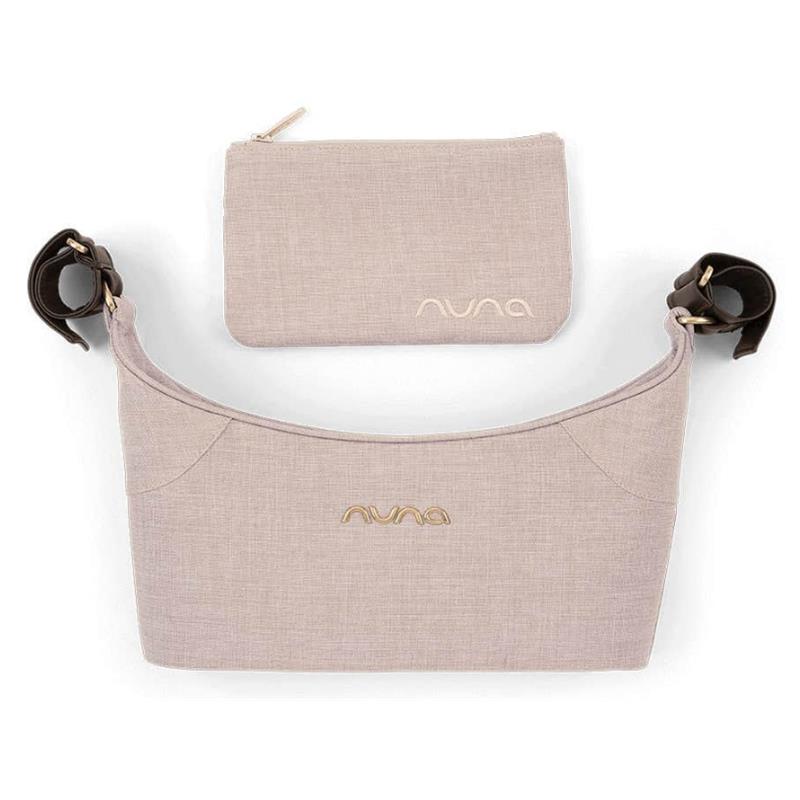 Nuna Stroller Organizer in Biscotti color, featuring a soft beige fabric and a removable matching pouch with an elegant logo.