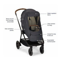 Wind cover for Nuna stroller in indigo, featuring water-repellent fabric, clear window, side ventilation panels, and expandable footrest.