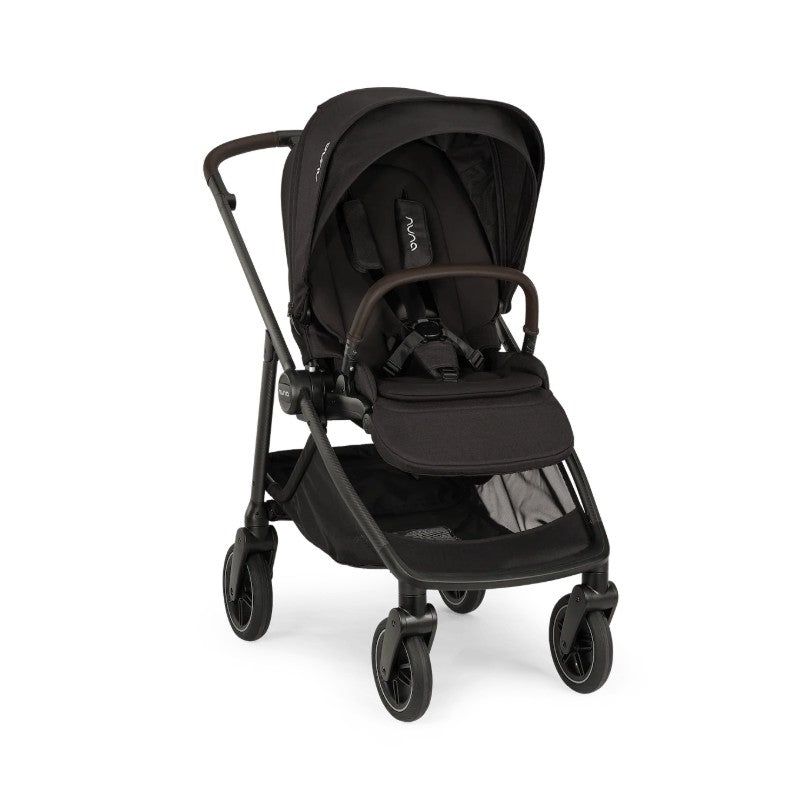 Nuna Swiv + Pipa Aire Rx Travel System in Caviar/Chocolate, featuring a sleek black stroller with a padded seat and canopy.