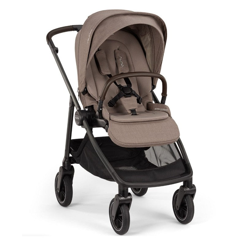 Nuna Swiv + Pipa Aire Rx Travel System in Cedar color, featuring a fully reclining seat, adjustable canopy, and durable wheels.