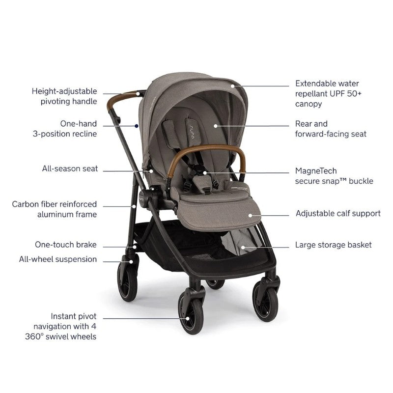 Nuna Swiv + Pipa Aire Rx Travel System in Granite featuring a height-adjustable handle, adjustable seat recline, and UPF 50+ canopy.