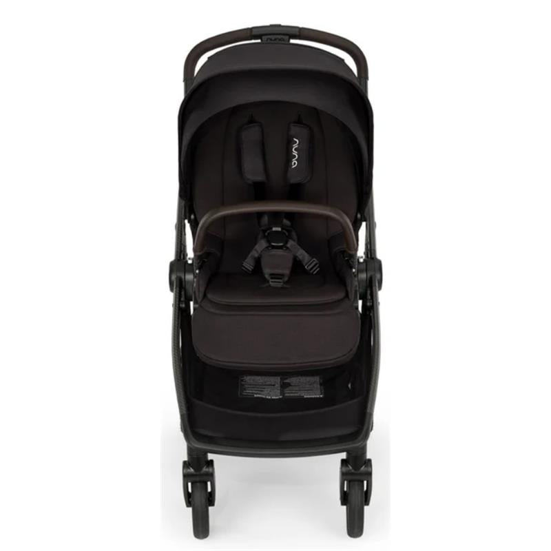 Nuna SWIV + PIPA urbn Travel System Bundle in Caviar/Chocolate featuring an adjustable stroller seat and safety harness.