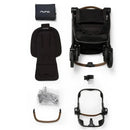 Nuna SWIV™ Stroller in Biscotti color, displayed with seat insert, frame, assembly parts, and cup holder.