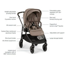 Nuna SWIV™ Stroller in Cedar color with a height-adjustable handle, extendable canopy, and all-wheel suspension features.
