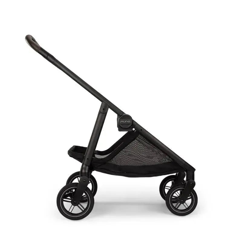 Nuna SWIV™ Stroller in Chai color, showcasing a sleek black frame and mesh storage beneath the seat.