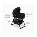 Nuna Swiv Stroller and Bassinet bundle in black, highlighting features like ventilation panels, storage basket, and compact fold.