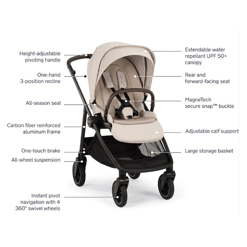 Nuna Swiv Stroller in Chai/Caviar with features like a height-adjustable handle, all-season seat, and large storage basket.