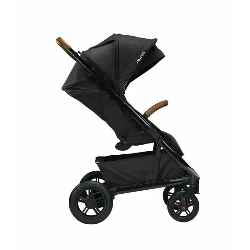 Nuna TAVO™ next stroller in caviar color, showcasing a sleek design with a large canopy and a brown handle.