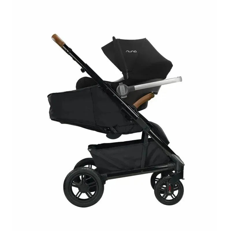 Nuna TAVO™ next stroller in Caviar color featuring an adjustable seat, canopy, and spacious storage basket.