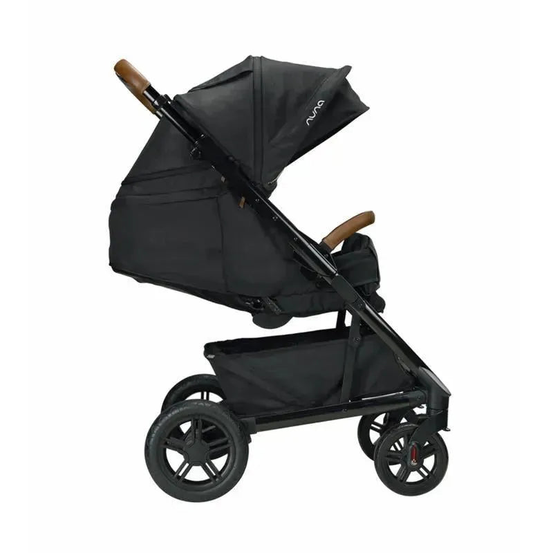Nuna TAVO™ next Stroller in Caviar color, featuring a black fabric canopy and a brown handlebar, with a spacious underseat storage basket.