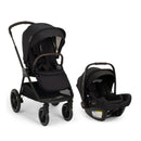Nuna Triv Lx stroller in caviar black beside Nuna Pipa Aire Rx infant car seat in matching black.